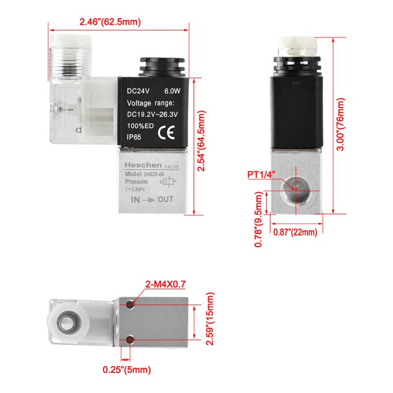 Heschen Electrical Pneumatic Solenoid Valve 2V025-08 24VDC PT1/4 2/2 Way Normally Closed - Image 2